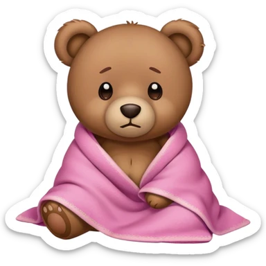 Sad teary eyed teddy bear sitting with pink blanket sticker