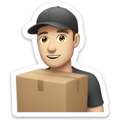 Pale skinned fit Man with dark brown hair in a black cap, gray jeans and brown polo T-shirt keeping a pasted with tape white box into his hands sticker