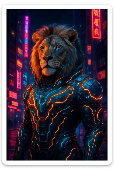 a lion in a cyberpunk suit with glowing circuitry, urban night vibe, cyberpunk aesthetic, neon lights sticker