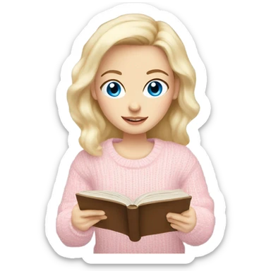 Pretty blue eyed white girl with light pink sweater reading cozy sticker