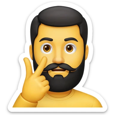 rounded yellow emoji face, black beard, side-facing mouth, one eyebrow raised, hand making a 'no' gesture sticker