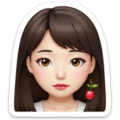“japanese style Emoji brunette girl long hair with side bangs white top, dewy skin, heavy blush across cheeks and nose bridge, glossy cherry lips, soft eyeliner, teary sparkling eyes sticker