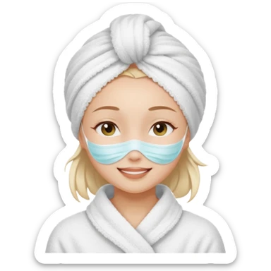 cute girl with her eyes closed and smiling, wearing a white spa towel as her clothes in she has a white spa towel on her head, white face skincare mask whole face sticker