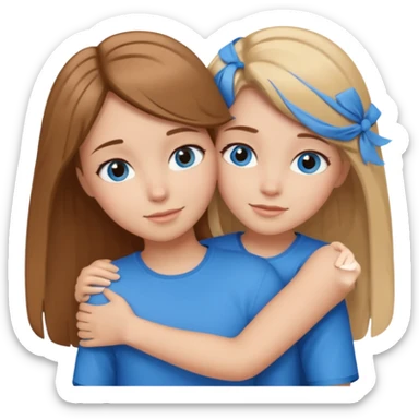 two Girls, Brown and Blonde hair, with Blue Eyes hugging one has Brown hair sticker
