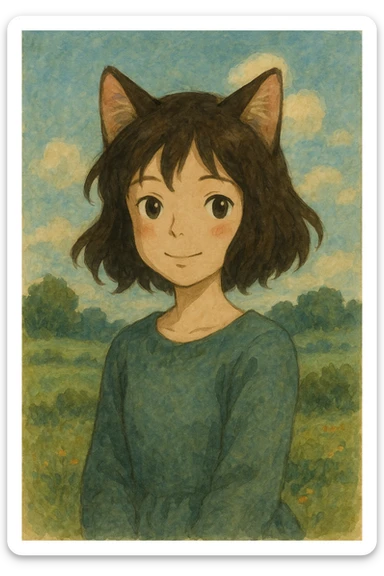 cat girl, soft painterly look, whimsical, cat ears, gentle smile sticker