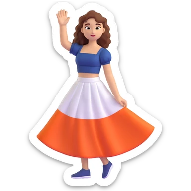 tan girl with wavy hair, white long skirt, navy blue ruched square neck crop top, waving sticker