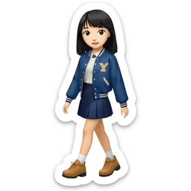 hair : black long hair with fringe (almost waist length) 
skin : light 
outer : deep brown varsity jacket (oversize) 
skirt : navy long long skirt (under knee, close to toe)  
motion : walking alone 


 sticker