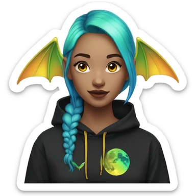 Lady with brunette and iridescent blue hair, gold, lime green dragon wings, black hoodie, oilslick holographic, black and gold Nike t shirt, and bright red eyes sticker