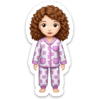 Grown up Woman with brown eyes, brown curly hair, white skin, full body in cute pijama bear sticker