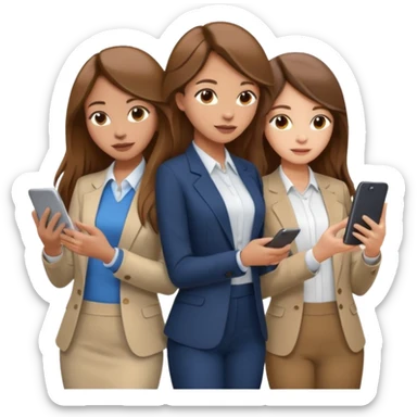 two brown haired girls, looking professional maybe leaned on each others back and looking forward and using phones, with long hair and one girl can hold lap top another one can hold the phone, professional clothes, more stylish sticker