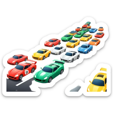 grandstands filled with cheering crowds, checkered flags waving, and traffic lights signaling the start, with a thrilling atmosphere of anticipation and speed. Sporty cars and motorcycles lined up at the starting line, ready to race, with a vibrant racetrack in the background. sticker