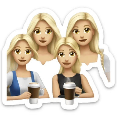 Four beautiful white european girls, one with blond hair and two dark blond hair in dresses have coffee sticker