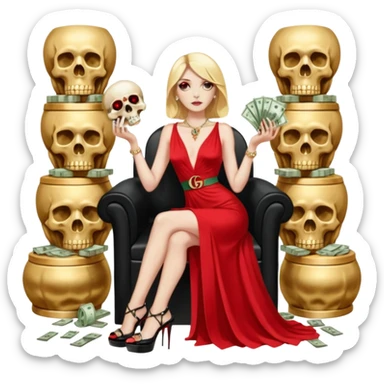 Lilith symbol red eye seductress evil shoulder length blonde haired powerful woman with Gucci  long dress with slit, sitting on of gold and diamonds. Black Platform high heels on feet. seat full of stacks,  dead human skull of her enemies in her other hand sticker