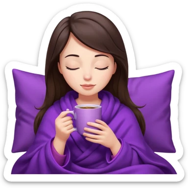 girl brunette inside a violet blanket sipping coffee from pink mug eyes closed iphone style sticker
