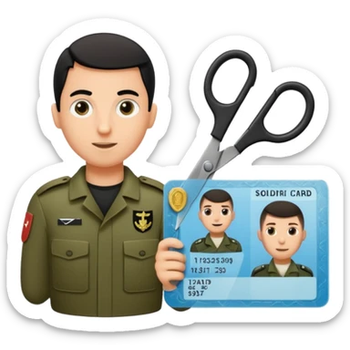 Floating black Scissors cutting in half an idf soldier ID card with a little chip in 2 parts sticker