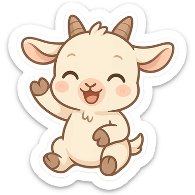 Chibi baby goat with a joyful expression, waving hello with one hoof, simple clean chibi stickers style, designed for a small emote, white background. sticker