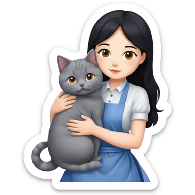 A beautiful girl with long black hair wearing an apron dress hugs a British Shorthair sticker