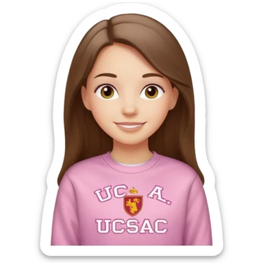 happy white long brunette hair girl with hazel eyes and in light pink sweatshirt with USC in white sticker