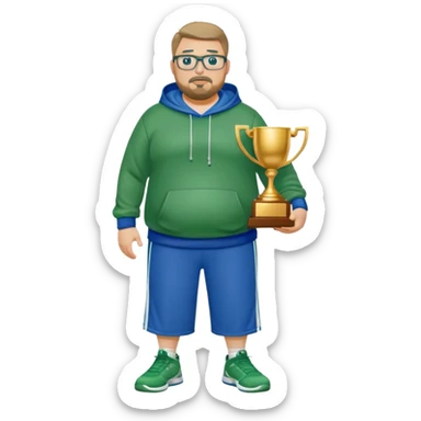 full body white obese male basketball coach with trophy. Goatee , Wearing glasses and blue and green hoodie and khaki pants sticker