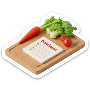 Ingredients on teh wooden cutting board with floating list  sticker