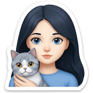 A girl with long black hair is holding a blue and white British shorthair sticker
