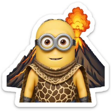 a minion wearing ancient animal skin cloth with volcano behind, half body, icon sticker