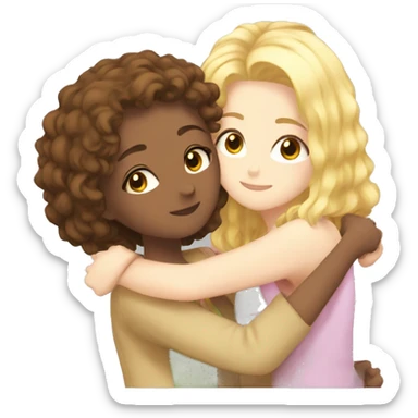 One girl withe brown curly hair and another girl with straight blonde hair hugging each other anime  sticker