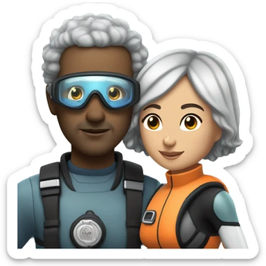 40 year old woman with light brown skin and short curly black hair, holding the hand of a 50 year old white man with short gray hair, both people dressed in snorkel gear sticker