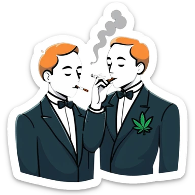 Two men in tuxedos smoking cannabis at a wedding party sticker