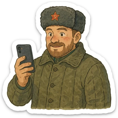 ghibli style illustration of a Russian military blogger in ushanka and vatnik, holding a phone sticker