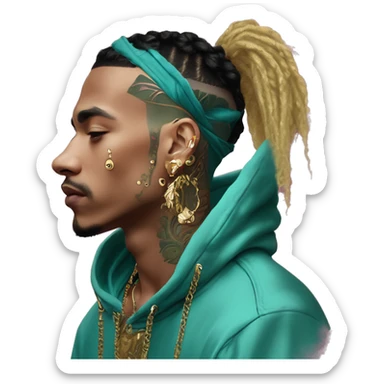 Vintage patina intricate swirls gold jewellery baroque golden raven tropical Deep pink maroon burgundy cyan dark hoodie man vitiligo dyed hair gold piercings nose piercing ear piercings sticker