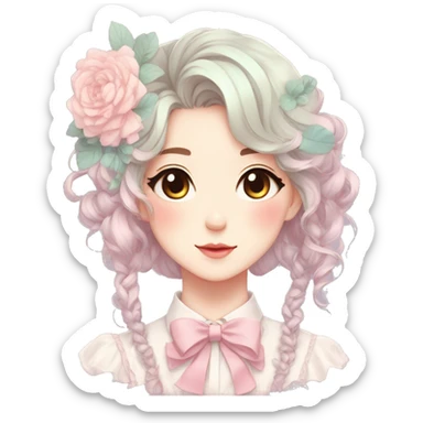 Gorgeous pastel anime style lady with blushing face and flowers and laces and bow ties and pretty hair aesthetic trending style sticker