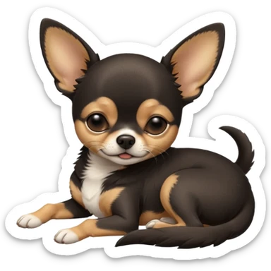 A high-resolution photo-realistic digital illustration of a cute black and tan chihuahua with eyes closed shut sleeping lazily on the ground sticker