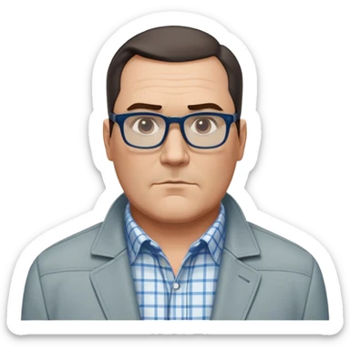 50-year-old heavyset man with very wide face and prominent square jawline. Short straight hair combed to the side, not balding. Large dark square glasses. Serious-relaxed expression. Light gray jacket that fits his larger frame, white shirt with blue checkered pattern. sticker