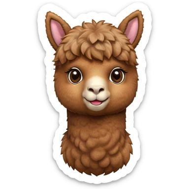 Cinematic Cute Brown Alpaca Portrait Emoji, Head tilted playfully and inquisitively, featuring a plush, rich brown fleece with a natural sheen, round, sparkling warm eyes filled with curiosity, Simplified yet irresistibly adorable features, highly detailed, glowing with a warm, friendly glow, high shine, affectionate and gentle, stylized with a touch of whimsy, bright and endearing, soft glowing outline, capturing the essence of a mischievous yet loving alpaca, so playful it feels like it could prance out of the screen and into your arms! sticker