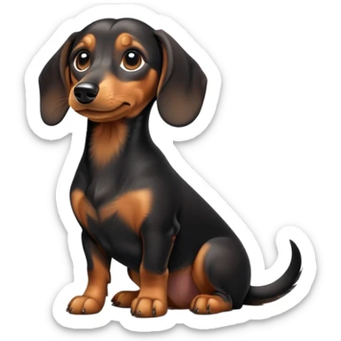 cinematic-[dachshund dog]-realistic-full-body-sitting-emoji,-tail-resting-loosely-beside-its-paws,-head-tilted-dramatically,-sleek-[black and tan]-fur,-simplified-yet-realistic-focused-features,-highly-detailed,-glowing-with-an-almost-sarcastic-glow sticker