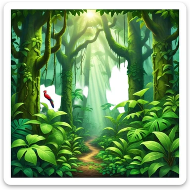 Cinematic Realistic Rainforest Emoji in a frame, Lush and vibrant, filled with towering trees, thick vines, and dense green foliage, sunlight filtering through the canopy above, creating dappled patches of light on the rich, diverse undergrowth. The air is heavy with moisture, with mist rising from the forest floor and distant calls of exotic birds and animals echoing through the trees. Soft glowing outline, capturing the essence of a thriving, untamed tropical paradise filled with life! sticker