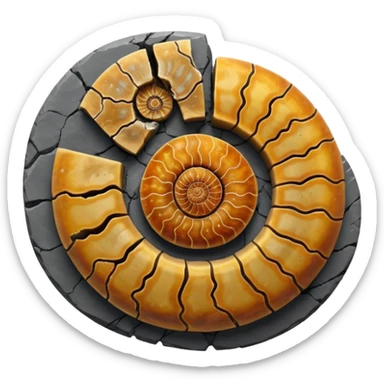 3D render of Ammonite, embedded in a chunk of rough sedimentary rock, cracked stone texture, ancient fossil aesthetic, embedded in dark grey slate stone, matte dry finish, Apple emoji style, isolated on white background --v 6.0 sticker