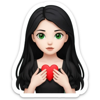 Pale girl with long black hair and dark green eyes wearing black dress and holding black heart sticker