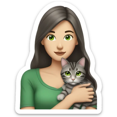 A woman with long dark brown hair and green eyes holds a gray tabby cat with green eyes in her arms sticker