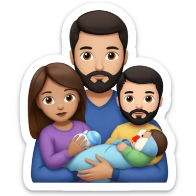 Una mujer con pelo castaño y ojos marrones  con un bebé y un hombre con pelo negro y barba sin bebe sticker