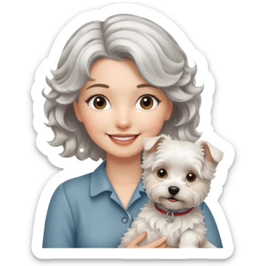 silver, short, wavy-haired with loose curls, smiling pretty lady holding a westie dog and a lhasa apso dog sticker