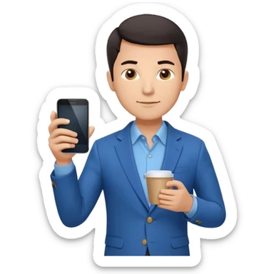 Confident male entrepreneur, short dark hair, slight smile, blue blazer over light blue shirt, holding a smartphone with a chart in one hand and a coffee cup in the other, front-facing, half-body sticker