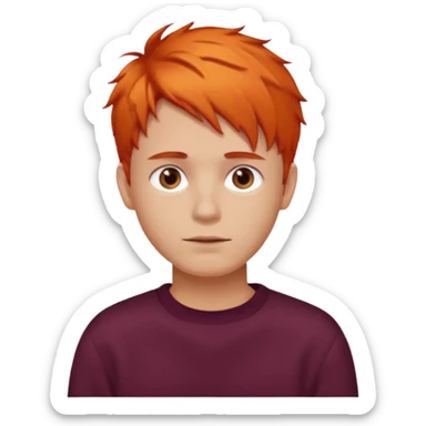 A guy with orange hair, short and messy, dark brown eyes, with a burgundy sweater sticker