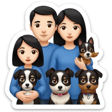 Una chica de pelo negro, con su pareja hombre y sus dos perritas una cafe y la otra negra sticker