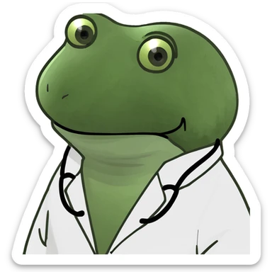 bufo frog, doctor's coat, sad eyes, looking at camera sticker