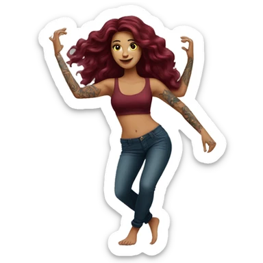 Beautiful tattooed burgundy long haired woman dancing sticker