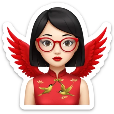 an oriental lady wearing red cheongsam, red lipstick, winged eyeliner, fair light a bit pink skin, small nose, a bit thick sensual lips, not too slim but not fat, wearing transparent glasses, black hair mid length sticker
