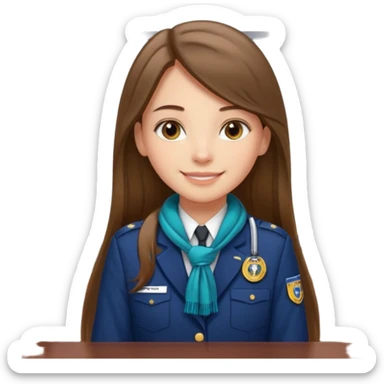Young girl, long brown straight hair, wearing uniform jacket with hotel name badge, tasteful scarf, stand behind the desk

 sticker