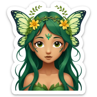 Cinematic Realistic Forest Nymph Fairy Portrait, depicted with lifelike, sun-kissed tanned skin that radiates an earthy glow, softly illuminated by natural, dappled light. Her long, flowing dark green hair is intricately detailed and interwoven with delicate vines and wildflowers, while her deep, soulful eyes mirror the wisdom of the forest. Dressed in an attire inspired by nature’s palette—with subtle botanical motifs—the portrait exudes a soft, enchanted glow that melds realism with woodland magic showing her large butterfly wings. sticker